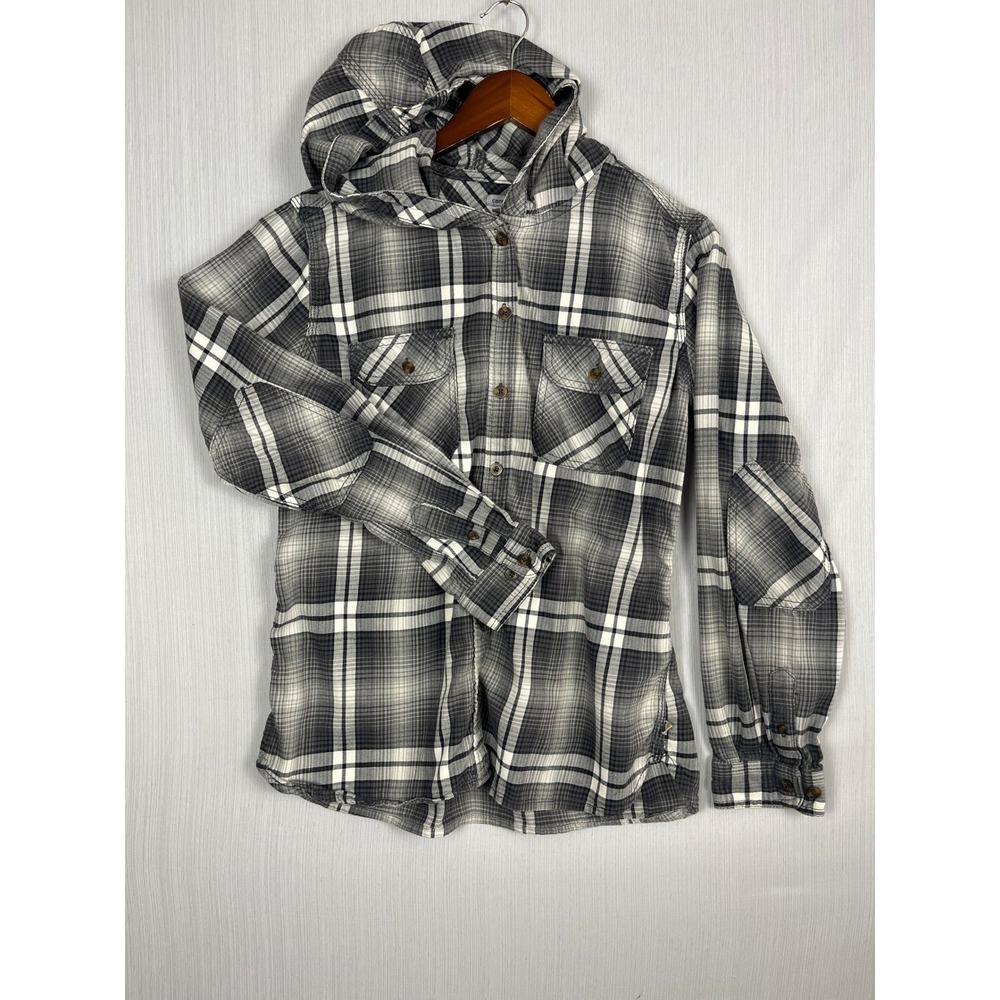 Carhartt Hooded Flannel Women M 8/10 Gray Plaid Cotton Elbow‎ Patch Grunge
